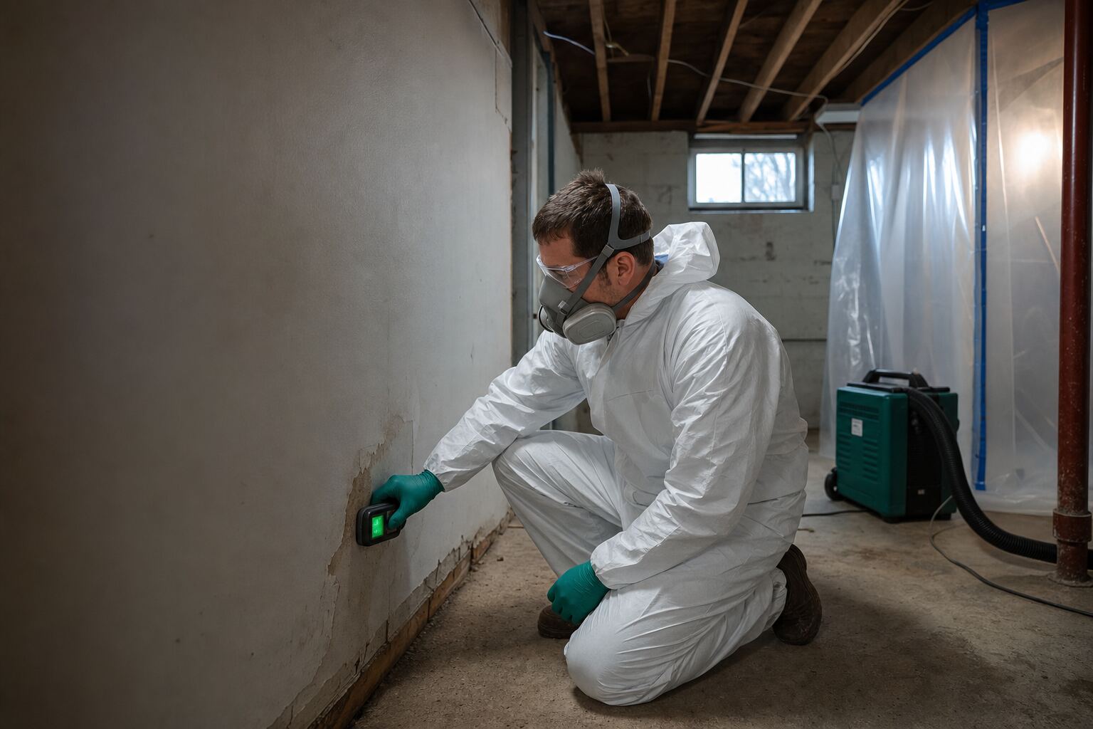 Mold remediation technician checking a basement wall with a moisture meter beside containment equipment