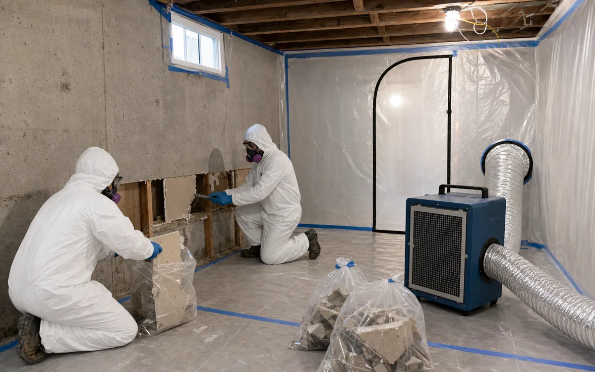 Mold remediation crew removing damaged drywall inside a contained Spokane basement