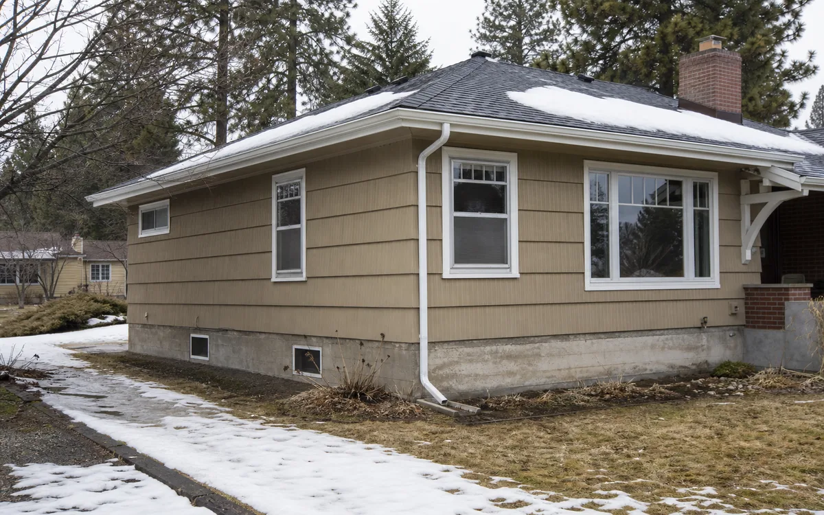 Older Spokane home during a winter thaw with snowmelt around the roof and foundation